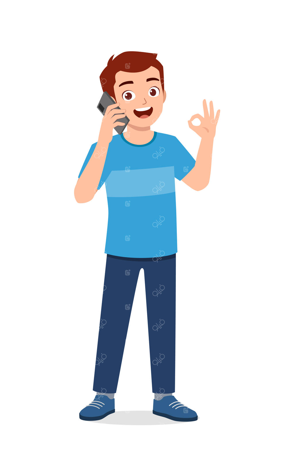 جوانی که با تلفن هوشمند صحبت می‌کند و علامت تأیید نشان می‌دهد