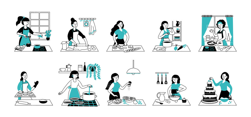 زنان آشپز: آماده‌سازی غذا و پخت خورش در خانه - خانم جوان خوشحال در حال خردکردن مواد غذایی تازه