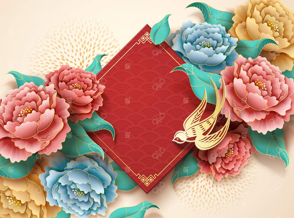 پس‌زمینه هنری با گل صد تومانی لوکس و پرستو طلایی