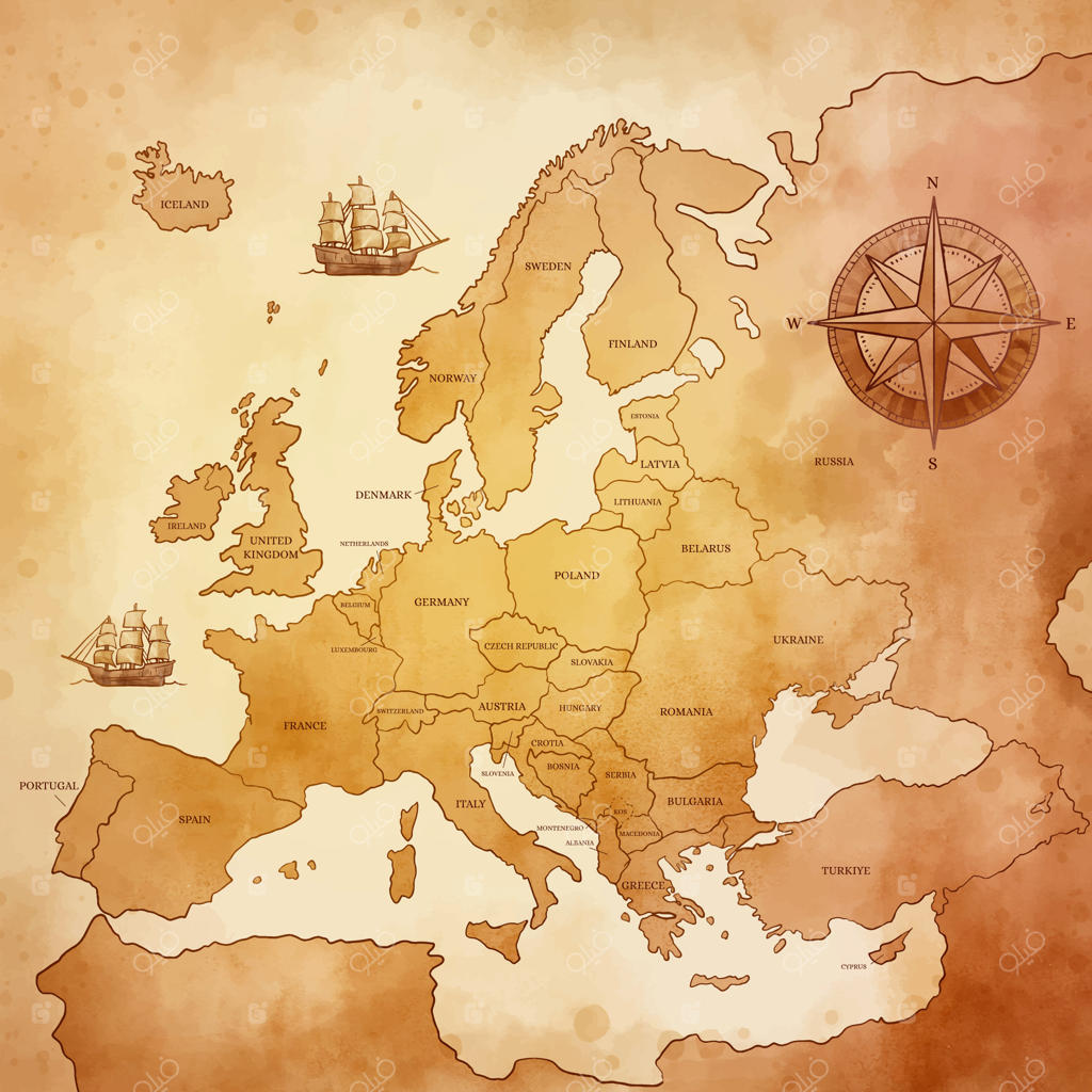 نقشه اروپا قدیمی به سبک آبرنگ