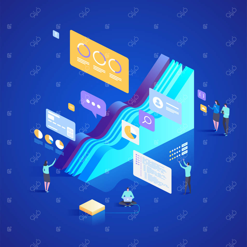 تیم متخصص برای خدمات تحلیل داده و مشاوره. تصویر ایزومتریک برای صفحه فرود، طراحی وب، بنر و ارائه.