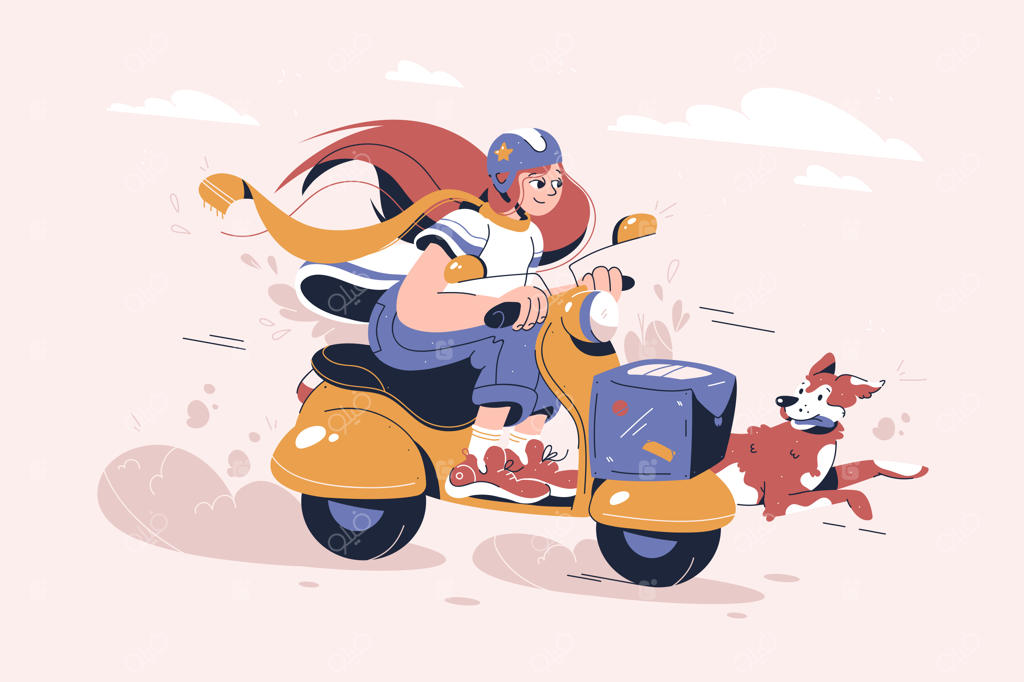 تصویر کارتونی حمل و نقل سریع و رایگان غذا با اسکوتر