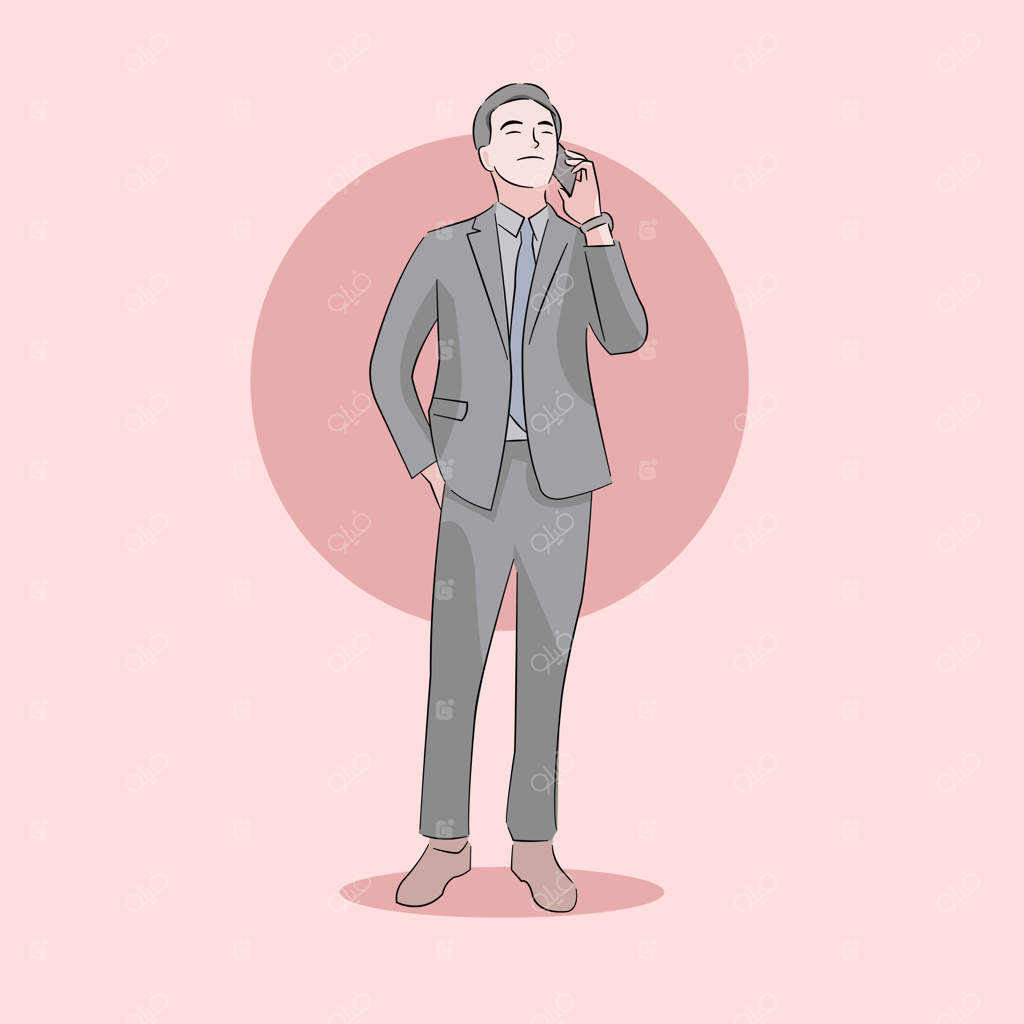 مرد تاجر ایستاده و در حال مکالمه و برنامه‌ریزی تلفنی