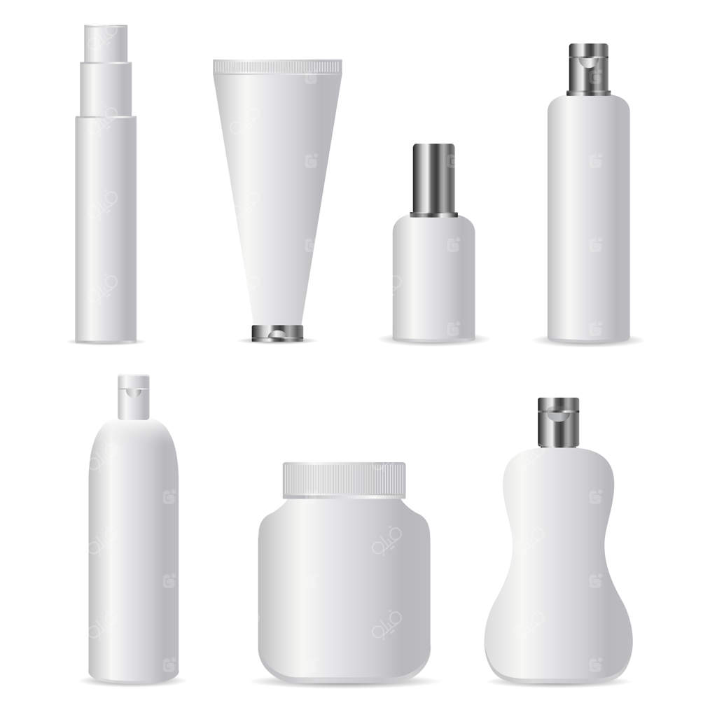 مجموعه‌ای از بطری‌های آرایشی واقع‌گرایانه برای برندینگ و روکش با پس‌زمینه سفید. قالب خالی واقعی برای هویت تجاری و برند.