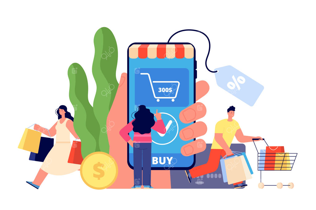 فردی در حال خرید آنلاین با پرداخت آسان از طریق اپ و گوشی هوشمند؛ زن مدرن با خرید اینترنتی و تحویل به‌موقع؛ مشتری اینترنتی در دنیای تجارت الکترونیک