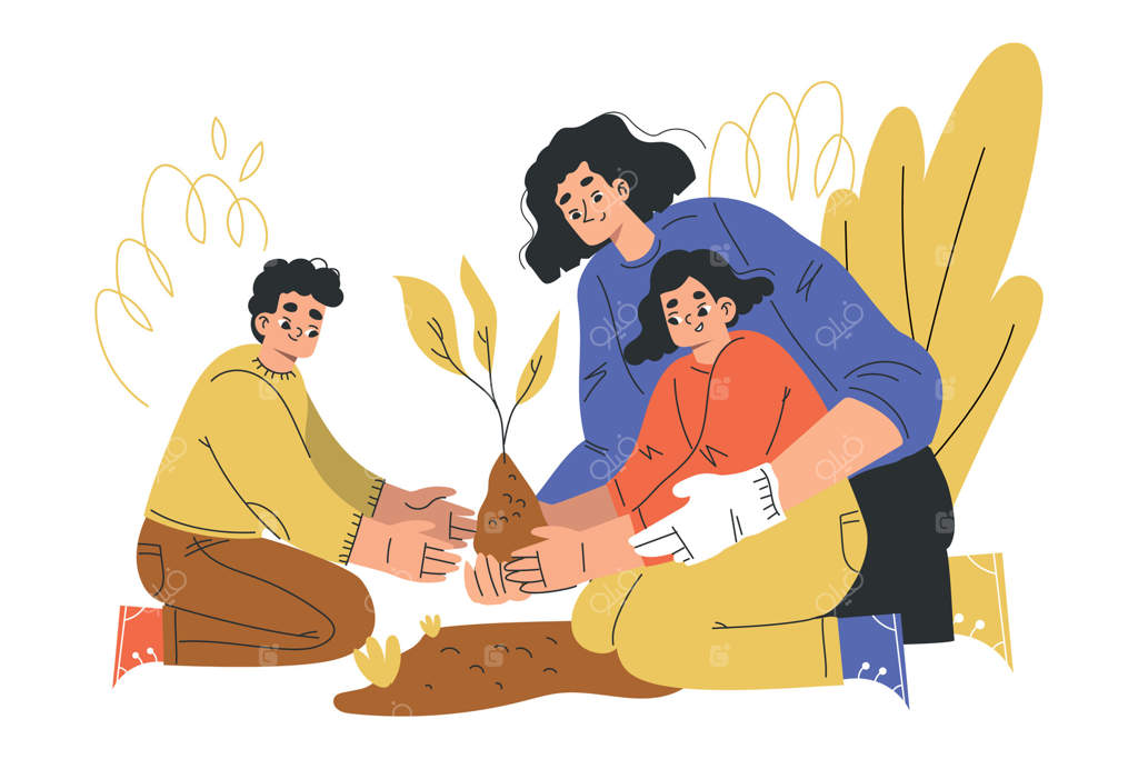 مادر با پسر و دخترش در باغچه نشسته و نهال می‌کارند، به همراه یکدیگر از فعالیت تفریحی لذت می‌برند - طرح گرافیکی