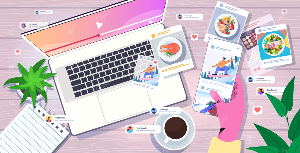 اشتراک‌گذاری و مشاهده عکس‌ها در شبکه‌های اجتماعی: مفهوم اعتیاد به رسانه‌های اجتماعی از زاویه بالا در محیط کار - تصویرسازی وکتور افقی