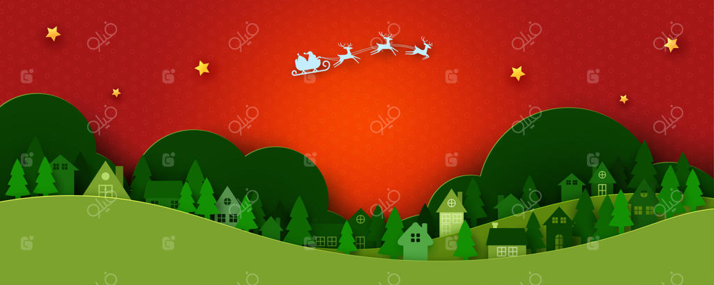 کریسمس مبارک و سال نو پر از شادی، پس‌زمینه‌ی زمستانی با منظره‌ای از بابانوئل در سورتمه و هنر کاغذی شهر و روستا