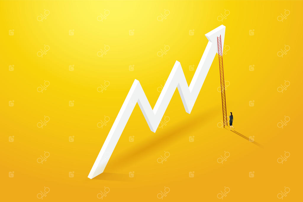 دیدگاه زن تاجر با صعود از نردبان رشد نمودار - مفهوم رشد کسب‌وکار (تصویرسازی وکتور)