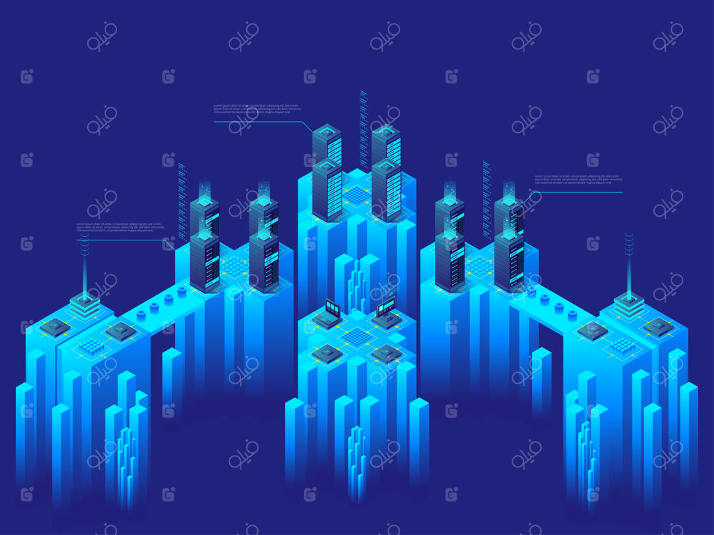 مفهوم فناوری پیشرفته: ابررایانه، مرکز داده بزرگ، سرورهای متصل، بازار ارز دیجیتال، تصویر ایزومتریک دقیق.