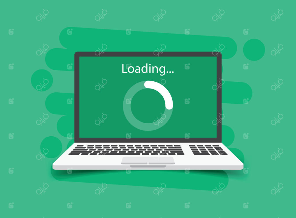 نماد بارگذاری لپ‌تاپ به سبک تخت: تصویرسازی به‌روزرسانی نرم‌افزار. مفهوم کسب‌وکار با علامت به‌روزرسانی.