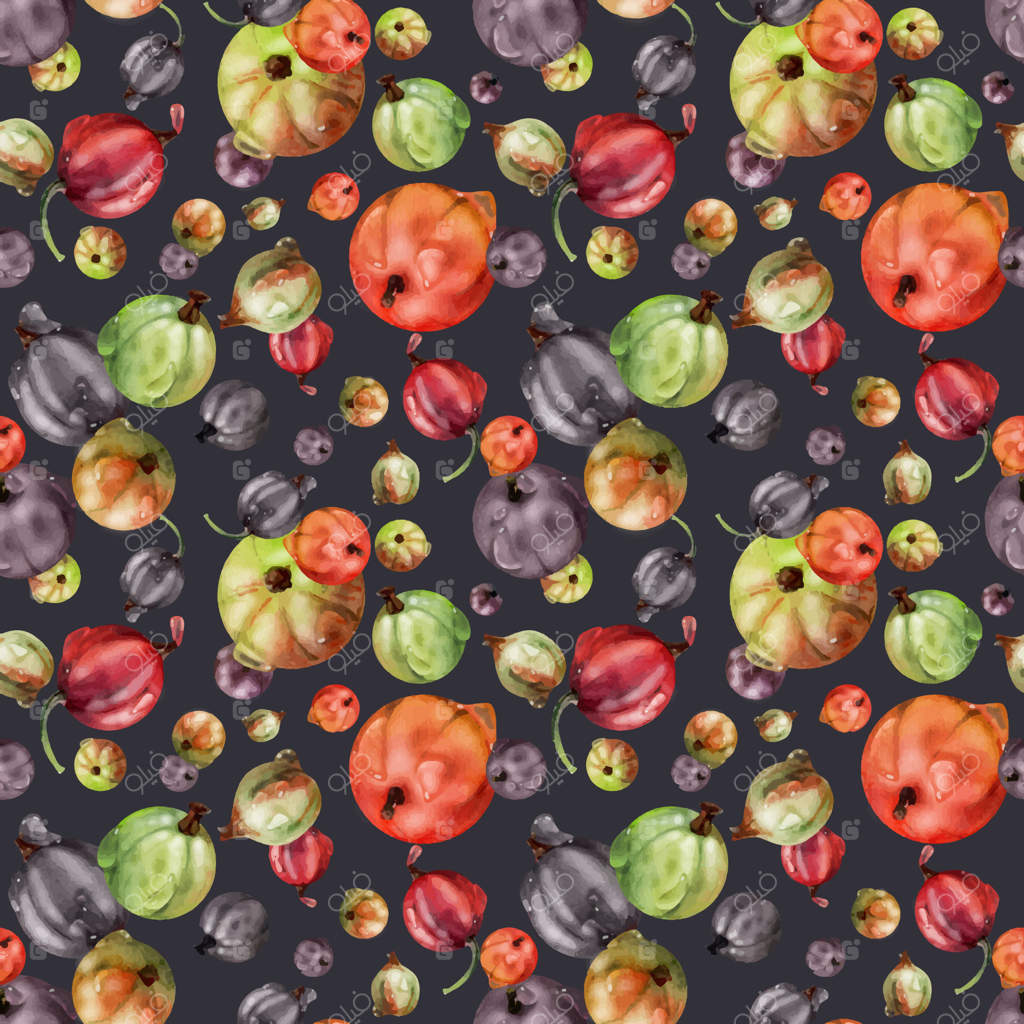 انگور فرنگی، قطرات شبنم آب، توت‌فرنگی پراکنده، هاکلبری، ژوئن‌بری، کاسیل و یستابری آبرنگی. پترن یکپارچه بر روی زمینه تاریک. پس‌زمینه برای کاغذدیواری و بسته‌بندی.