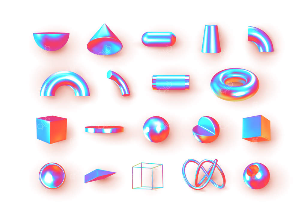 مجموعه اشکال سه‌بعدی هندسی: عناصر واقع‌گرایانه در زمینه سفید با رنگ‌های متالیک و هولوگرافیک. تصویرسازی وکتوری برای طراحی.