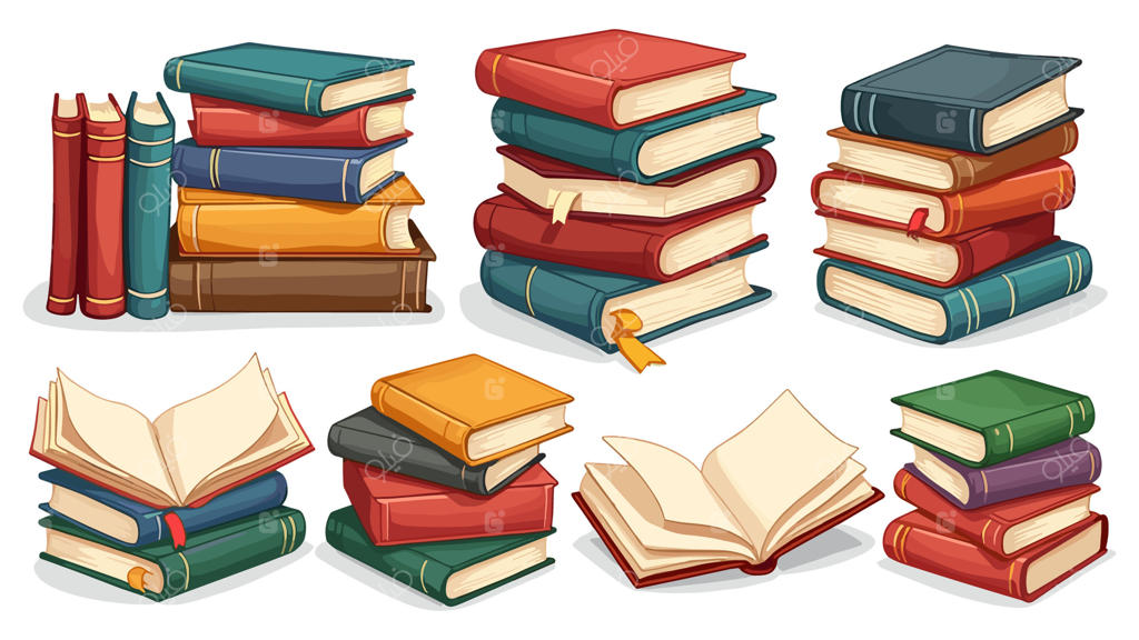 مجموعه‌ای از تصاویر کتاب‌ها، دیکشنری‌ها، دایرةالمعارف‌ها و برنامه‌ریزها با نشانک‌ها به سبک تخت و بر روی زمینه سفید.