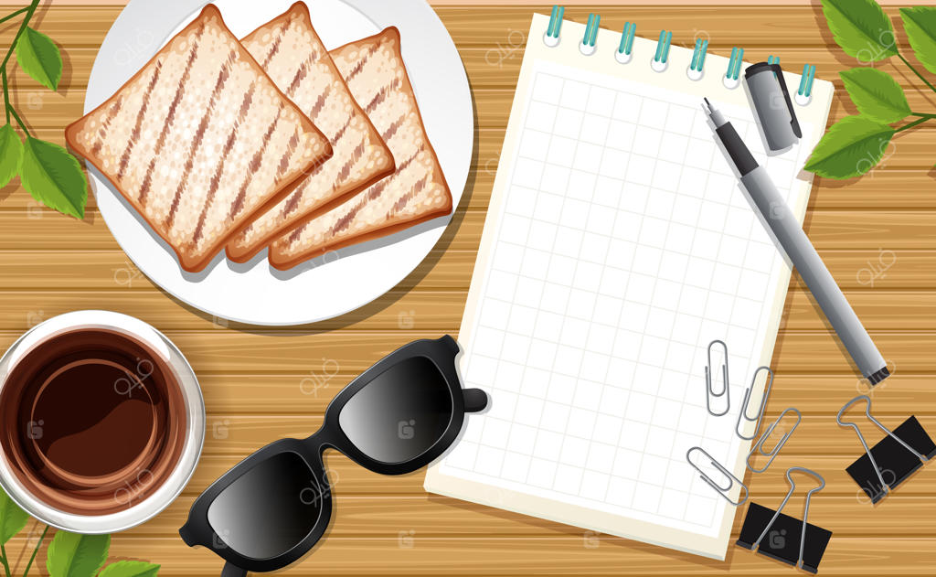 نمای نزدیک یک میز کار با کاغذ یادداشت و استراحت قهوه به سبک کارتونی