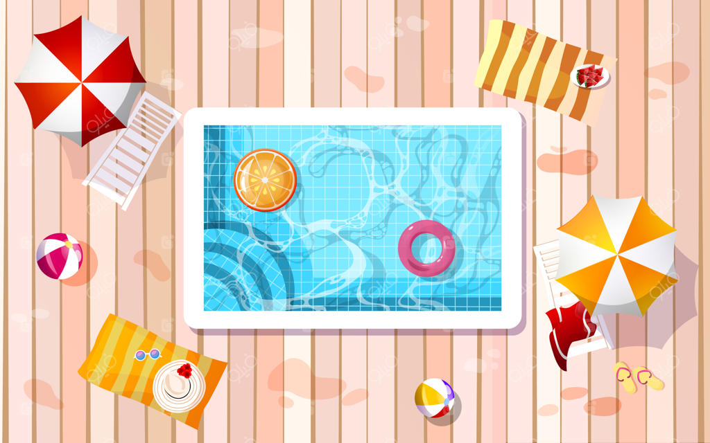 نمای بالا از استخر، تخت‌های آفتاب‌گیر و بادکنک‌ها؛ مکانی برای استراحت و تفریح در تابستان