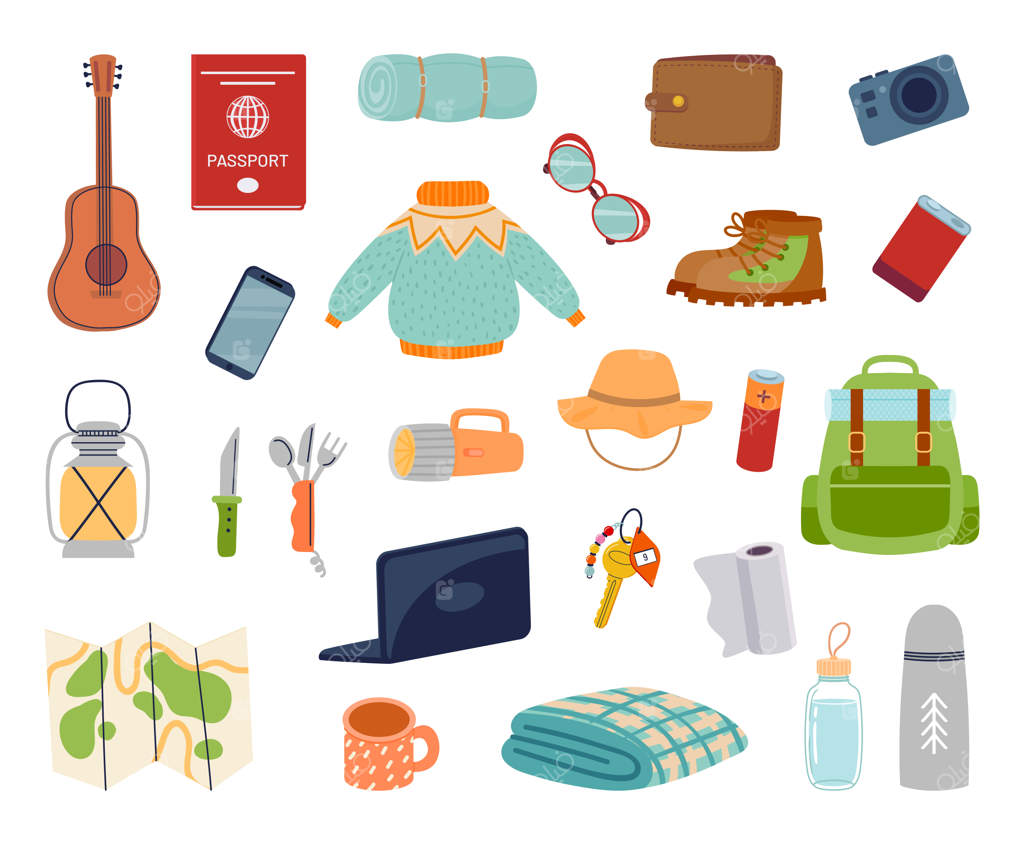 وسایل ضروری برای سفر: اقلام لازم برای توریسم و کوله‌پشتی با تجهیزات و لوازم مثل گیتار و نقشه