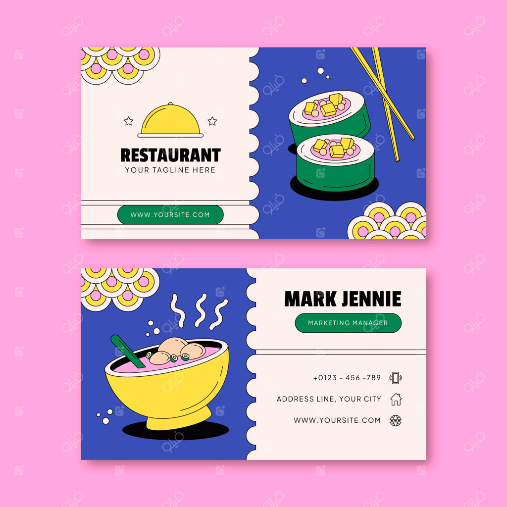 قالب کارت ویزیت افقی رستوران با طراحی دستی