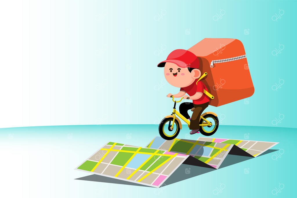 شخصیت کارتونی پیک موتوری آنلاین، ارسال سفارش به مکان تعیین‌شده در تلفن هوشمند در شهر هوشمند - مفهوم حمل‌ونقل مدرن، تصویرسازی وکتور تخت