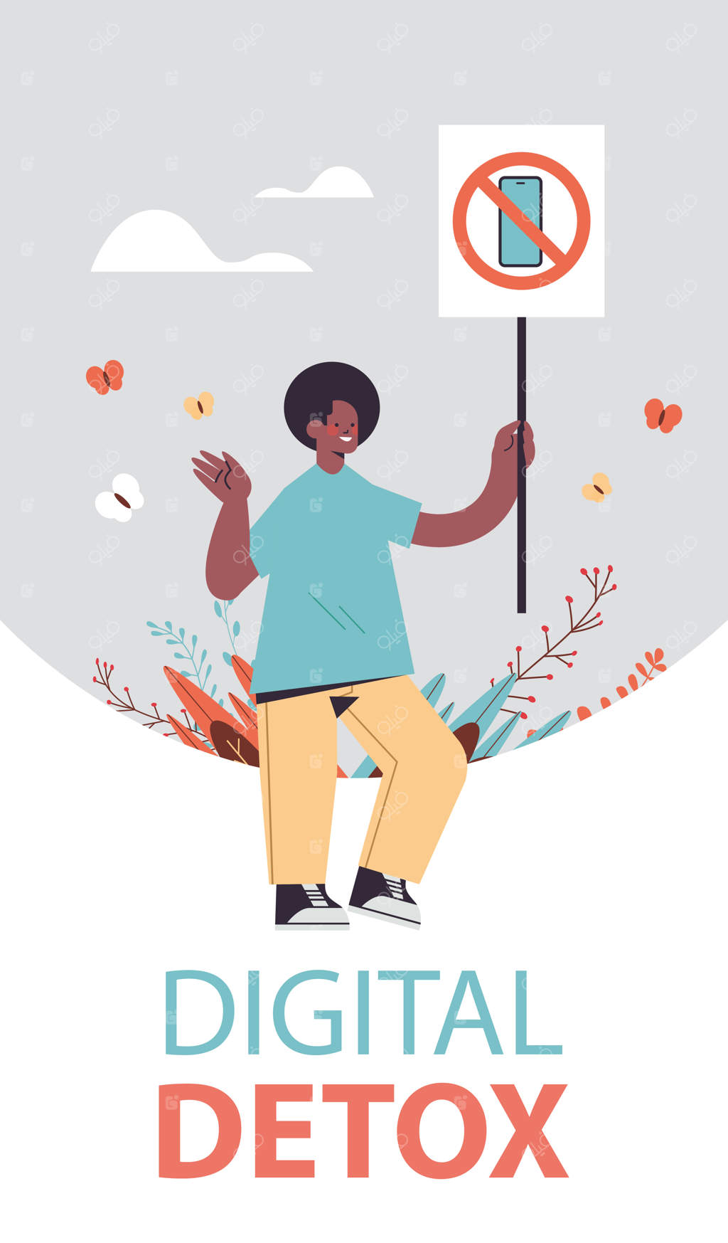 مردی با بنری که استفاده از گوشی هوشمند را ممنوع کرده: مفهوم سم‌زدایی دیجیتال