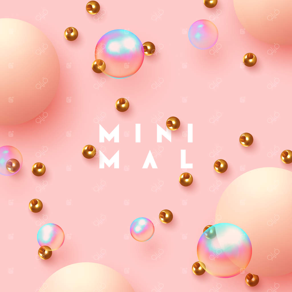 کره‌های واقعی، پس‌زمینه‌ای انتزاعی با عناصر سه‌بعدی. پترن اشیاء هندسی دایره‌ای. توپ‌های گرد به رنگ صورتی ملایم و مهره‌های فلزی طلایی. حباب‌های صابونی رنگین کمانی. تصویرسازی برداری.