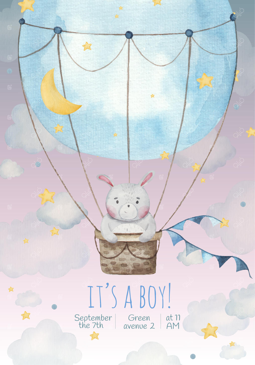 کارت دعوت پسرانه با خرگوش بامزه در بالن میان ستاره‌ها و ابرها