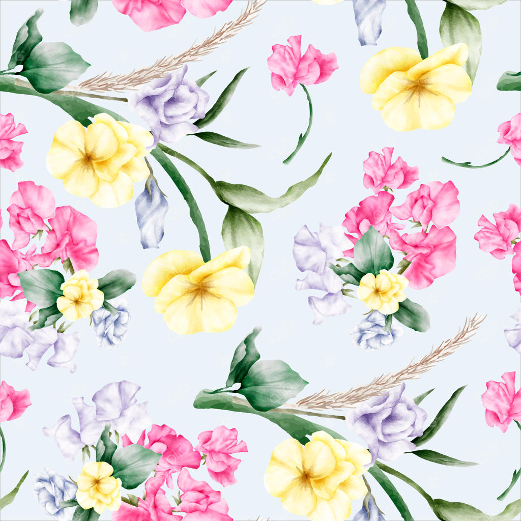 طرح یکپارچه گل‌ها و برگ‌ها با آبرنگ