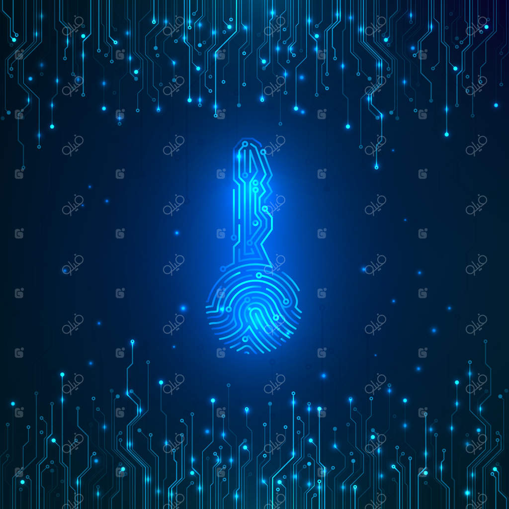 مفهوم هویت در امنیت سایبری: اثر انگشت به شکل کلید در پس‌زمینه مداری. فناوری امنیت ارز دیجیتال. سیستم مجوزدهی آینده‌نگر. تصویر وکتور.