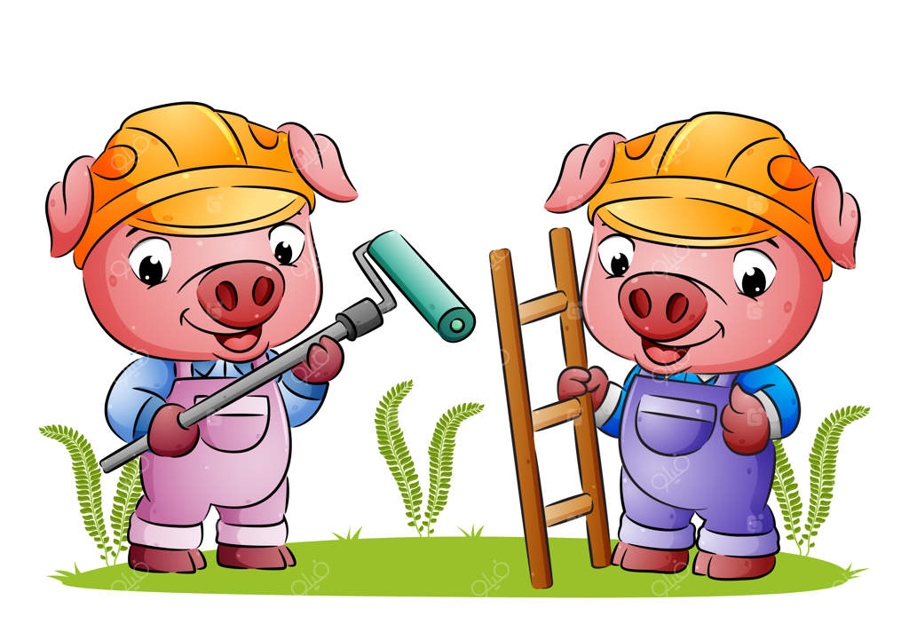 دو خوک کارگر غلتک رنگ و نردبان نقاشی را در دست گرفته‌اند.