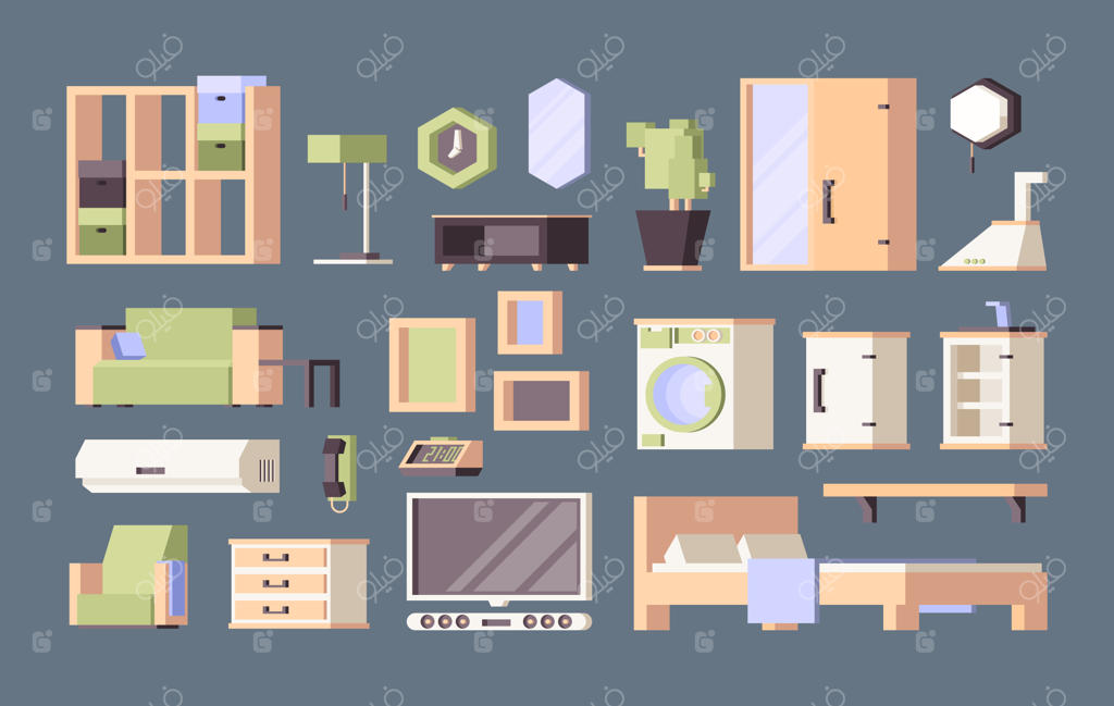 مبلمان اتاق نشیمن: میز، صندلی و تخت با تصاویر تخت و متقارن