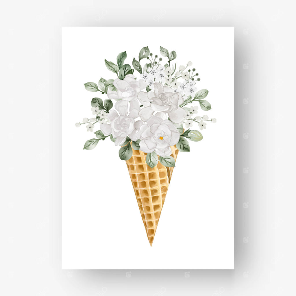 بستنی قیفی با گل گاردنیای سفید آبرنگی