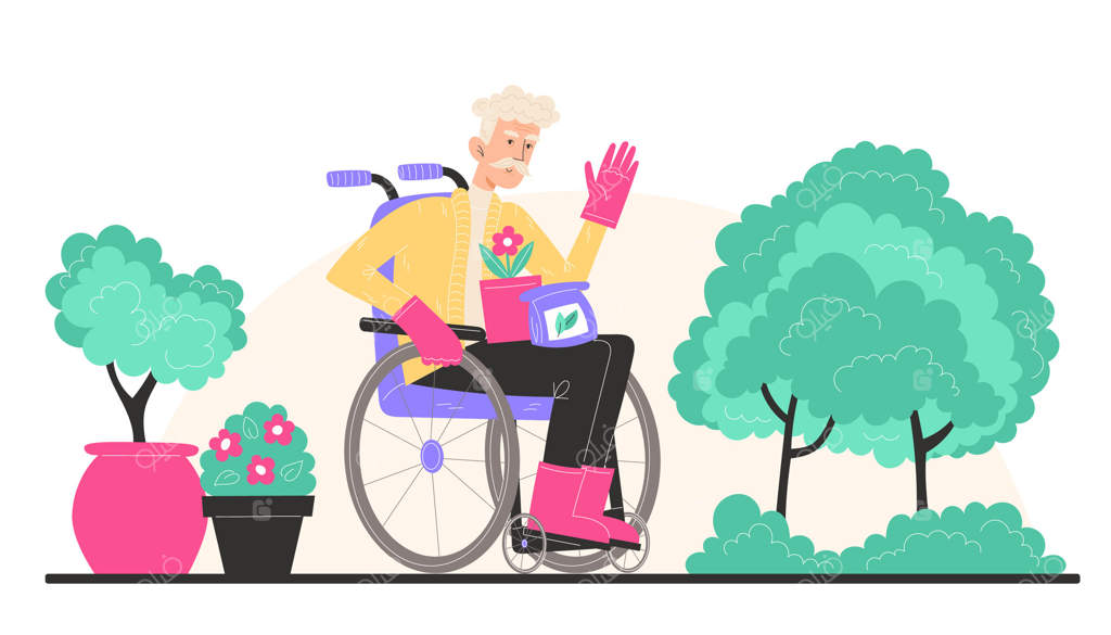 پیرمردی در ویلچر نشسته و گلدانی را در باغ در دست دارد