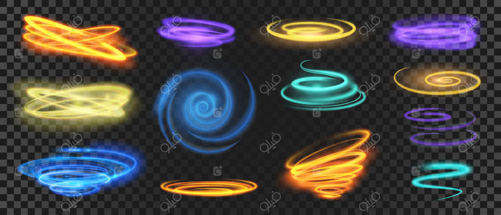 پیچ‌ و تاب‌های نورانی: مارپیچ‌ها، دایره‌ها و حرکت‌های سریع. منحنی‌های نئونی براق و واقع‌گرایانه. مجموعه‌ای از حلقه‌ها و موج‌های جادویی انرژی. خطوط درخشان و رنگارنگ با چرخش‌های جذاب.