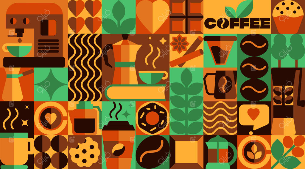 طرح قهوه باوهاوس با نمادها و اشکال انتزاعی، دانه‌ها، فنجان‌ها و طرح‌های هندسی