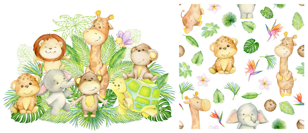 ست آبرنگ لاک‌پشت، فیل، زرافه، پلنگ، میمون، شیر و برگ‌ها و گل‌های استوایی
