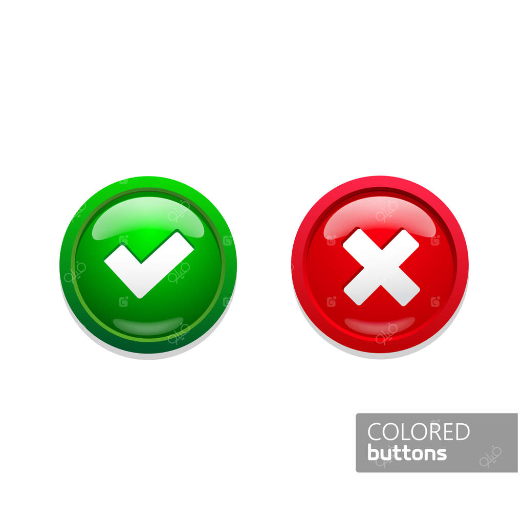 آیکون دکمه‌های گرد سبز و قرمز برای تأیید و رد. دکمه‌های شیشه‌ای روی زمینه سیاه