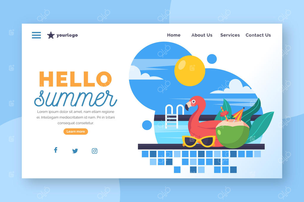 صفحه فرود تابستانی با استخر و فلامینگو