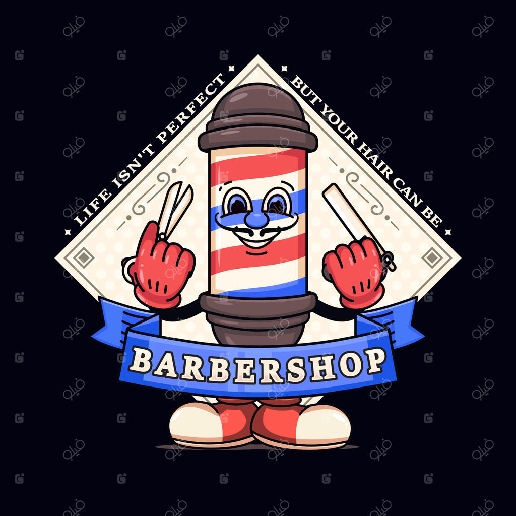 شخصیت‌های کارتونی سلمانی با قیچی و تیغ؛ مناسب برای لوگوها، نمادها، تی‌شرت‌ها، برچسب‌ها و پوسترها