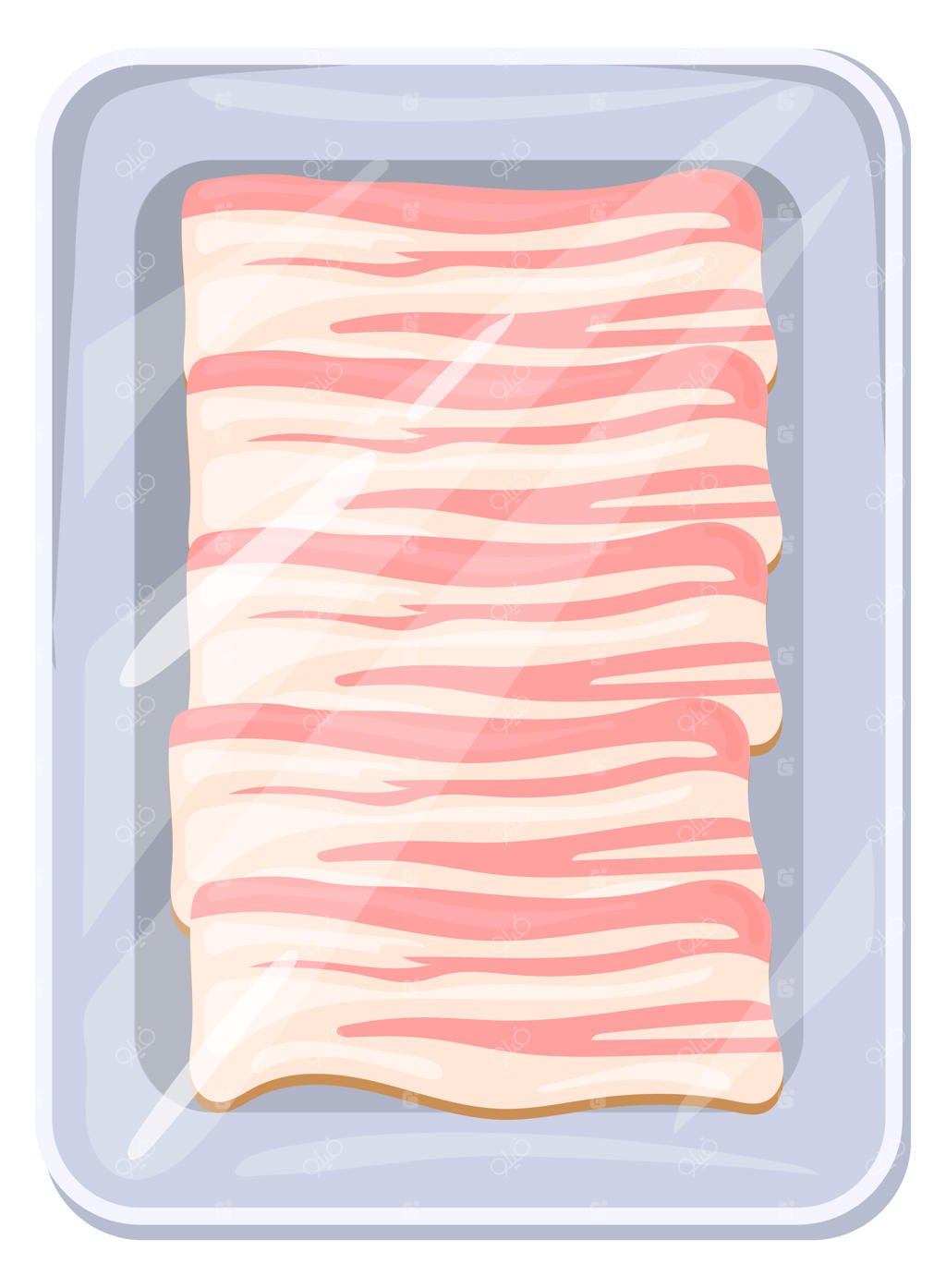 بسته بیکن ورقه‌ای گوشت خام خوک در کیسه پلاستیکی