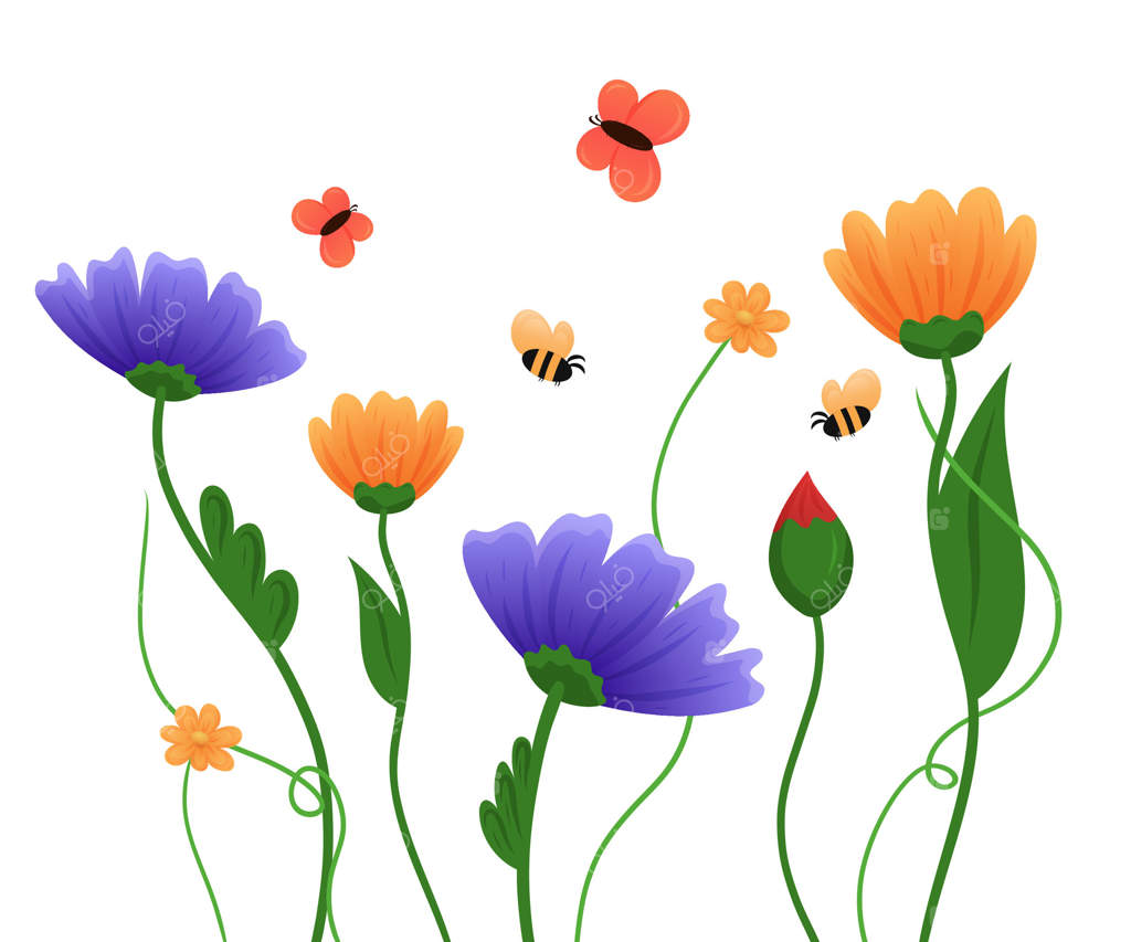 گل‌های رنگارنگ و زنبورها در باغی پر طراوت در فصل بهار