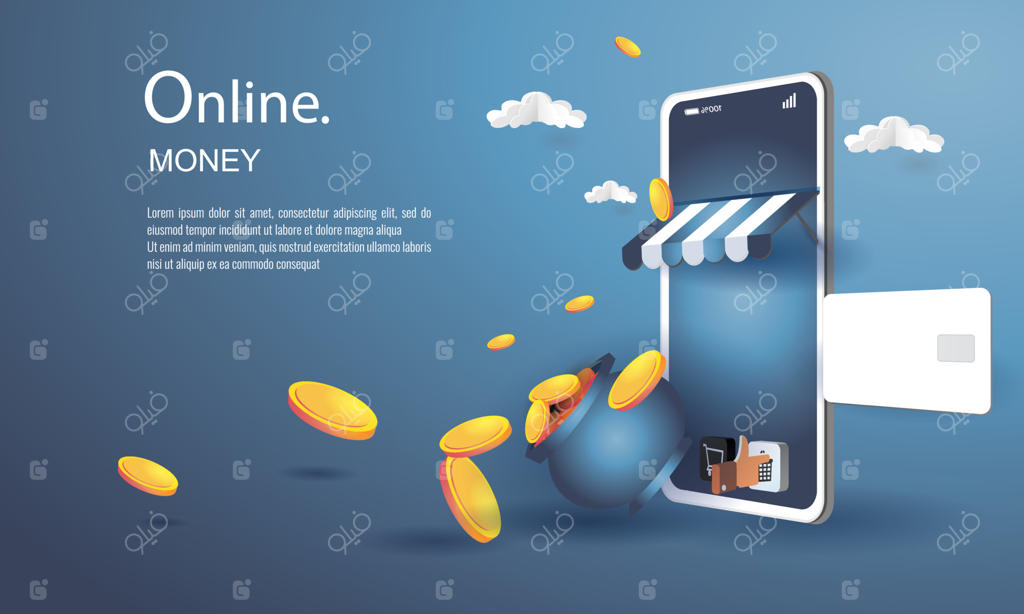 کسب درآمد آنلاین با موبایل - تصویر وکتور پس‌زمینه آبی - پول نقد و اعتبار در فناوری اینترنت - خرید و پرداخت در کسب‌وکار.