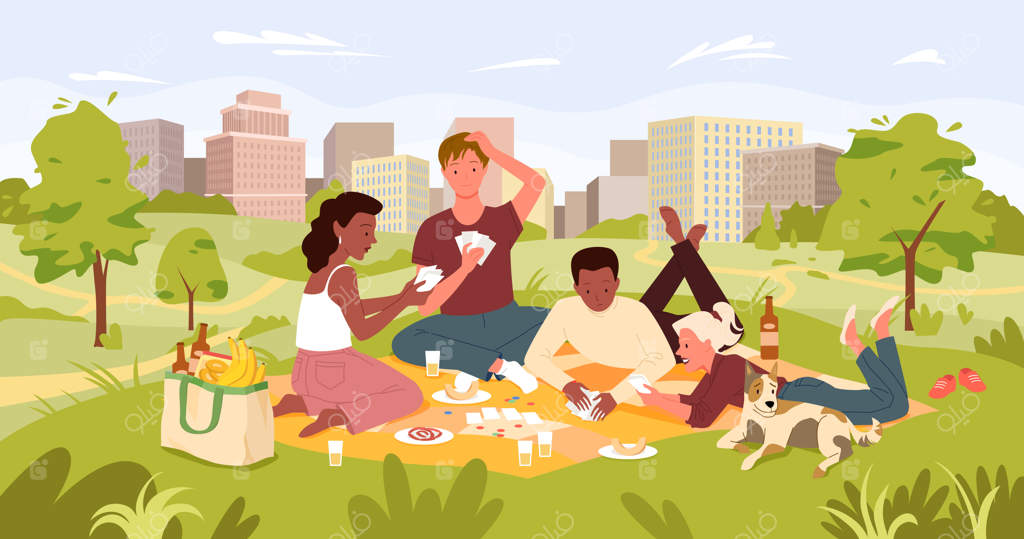 دوستان در پیک نیک تابستانی در پارک شهر در حال کارت‌بازی و نوشیدنی خوردن