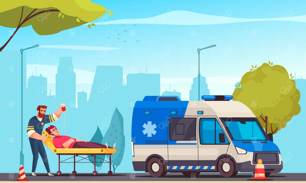 پوستر کارتونی اضطراری؛ دکتر اورژانس در حال نجات مرد بیمار - تصویرسازی وکتور