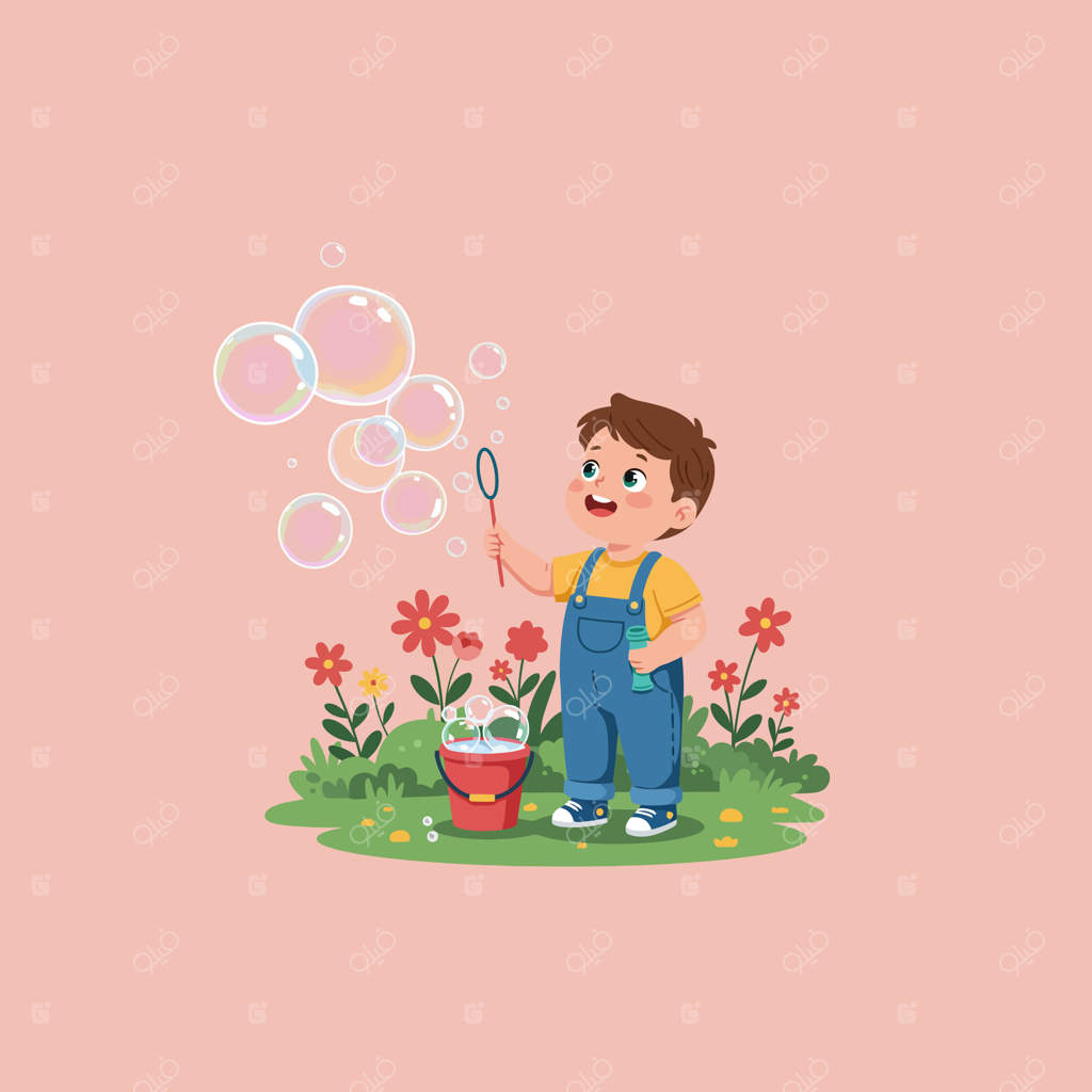 پسر بچه‌ای که در باغ با چوب و آب صابون حباب می‌سازد