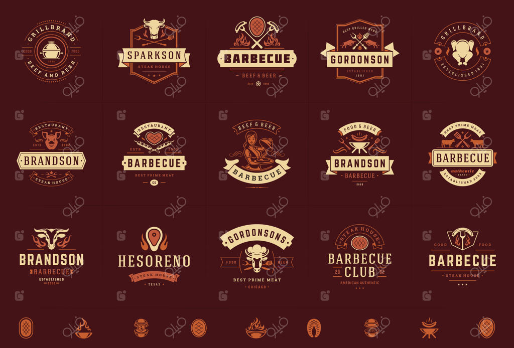 مجموعه لوگوهای گریل و باربیکیو: نشان‌ها و نمادهای منوی رستوران استیک‌هاوس با طرح‌های مختلف غذاهای کبابی