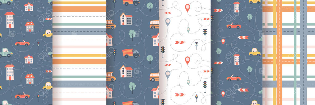 الگوی یکپارچه کودکان با ماشین، اتوبوس و جاده - مناسب برای پارچه و کاغذ دیجیتال