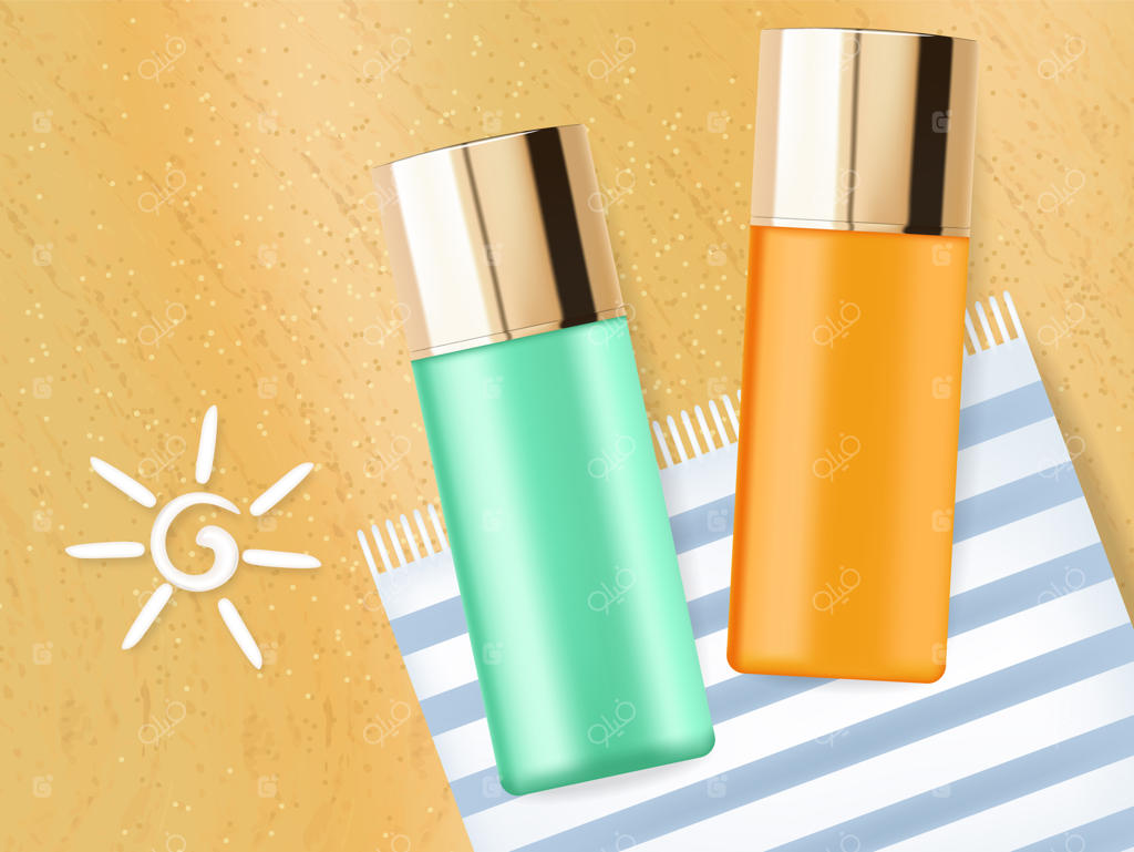 بطری کرم ضد آفتاب واقع‌گرا، مجموعه لوازم آرایشی، پس‌زمینه استوایی، طراحی طلایی