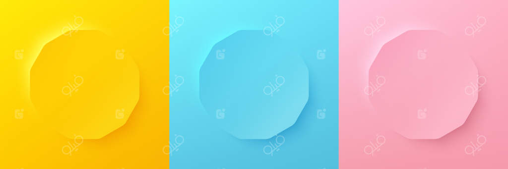 مجموعه‌ای از قاب‌های شش‌ضلعی انتزاعی با رنگ‌های زرد، آبی و صورتی برای نمایش محصولات