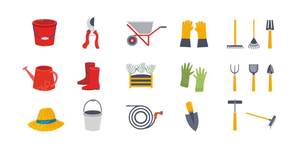 تجهیزات باغبانی: شن‌کش، بیل، و چمن‌زن، مجموعه ابزارهای کشاورزی. تصویر ابزار باغبانی، جدا شده بر روی زمینه سفید. ابزار باغبانی وکتور.