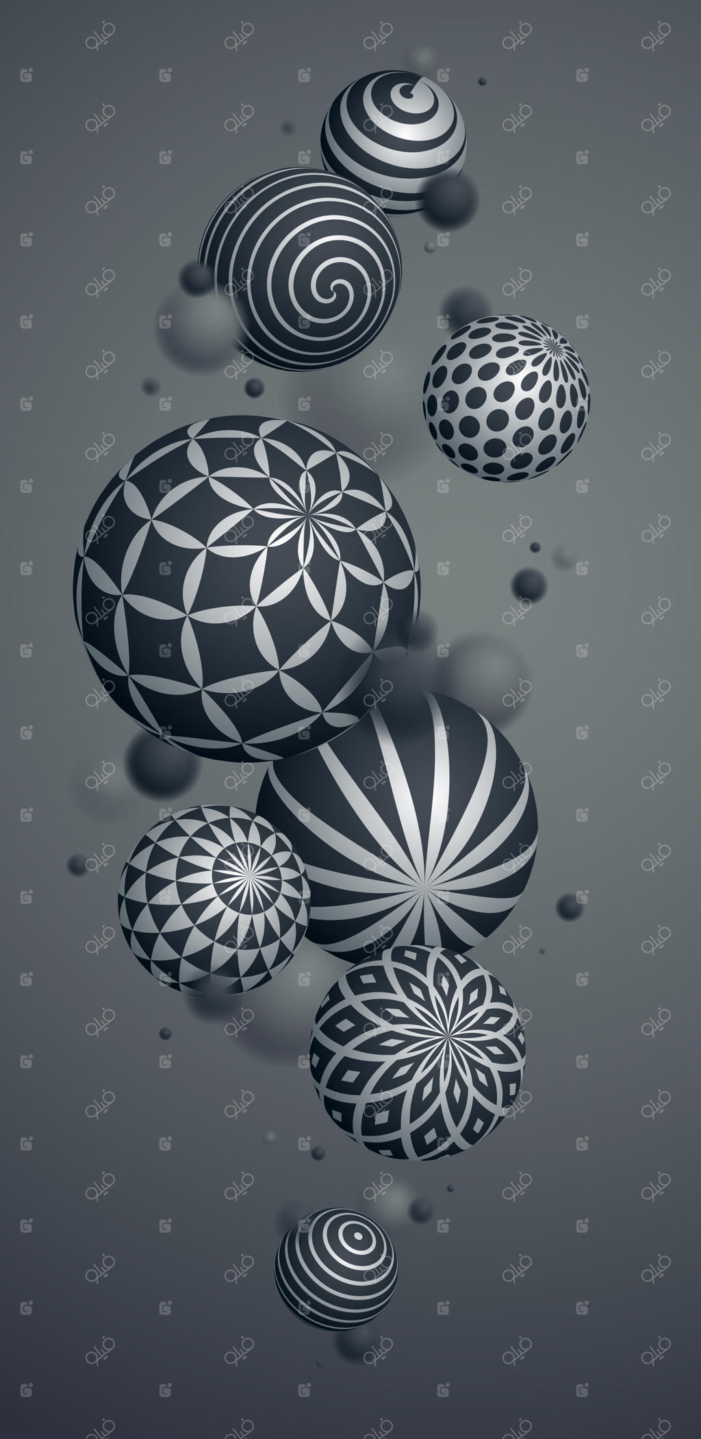 پس‌زمینه گوشی با کره‌های انتزاعی، ترکیبی از گوی‌های پرنده با طرح‌ها، کره‌های واقع‌گرایانه سه‌بعدی متنوع با تزئینات، والپیپر برای تلفن هوشمند.